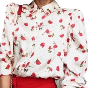 Zara Cream Colored Satin Collared Button Down With Dots And Red Roses Size M